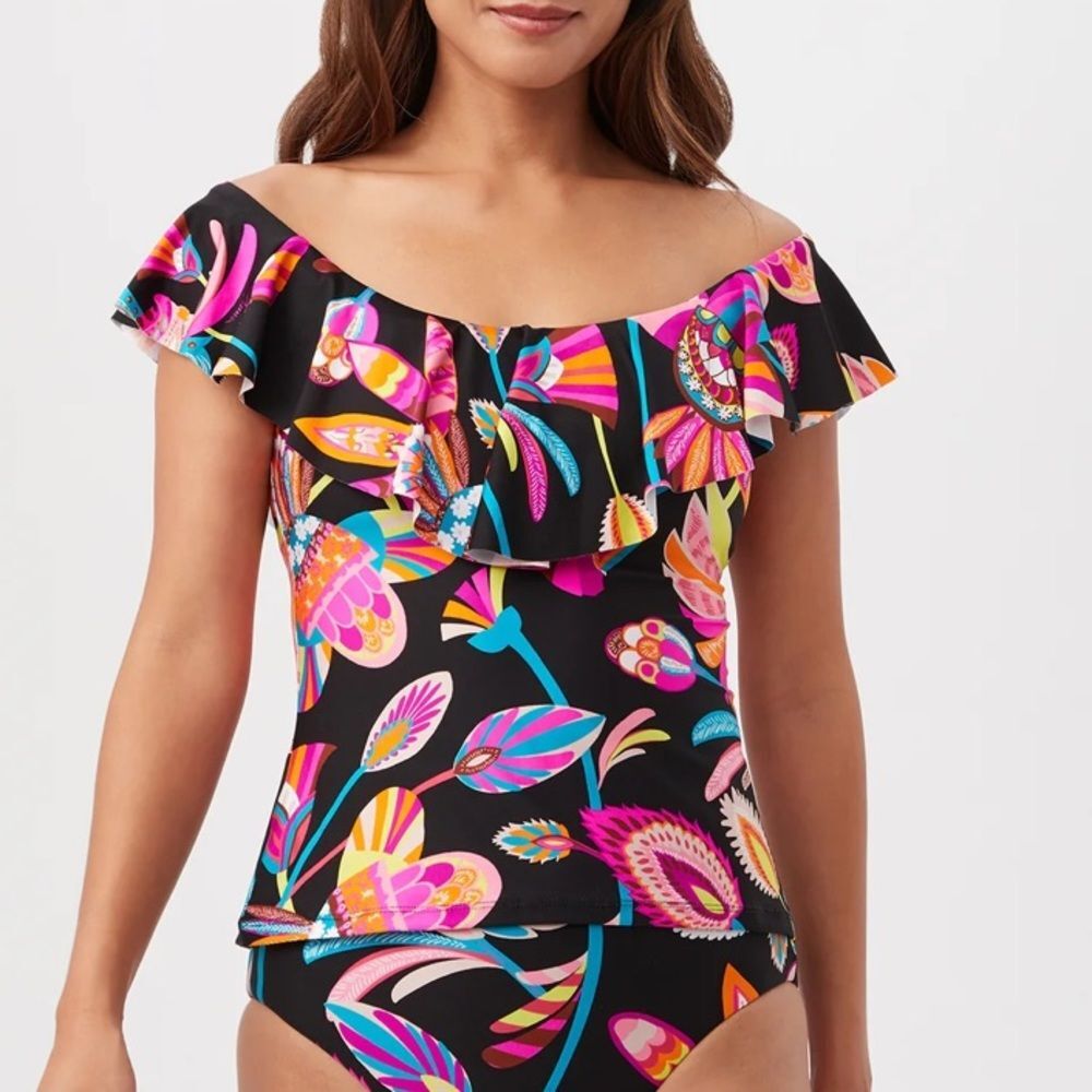 TRINA TURK SWIM Luminary Off-The-Shoulder Ruffle Tankini Swim Top Size 6